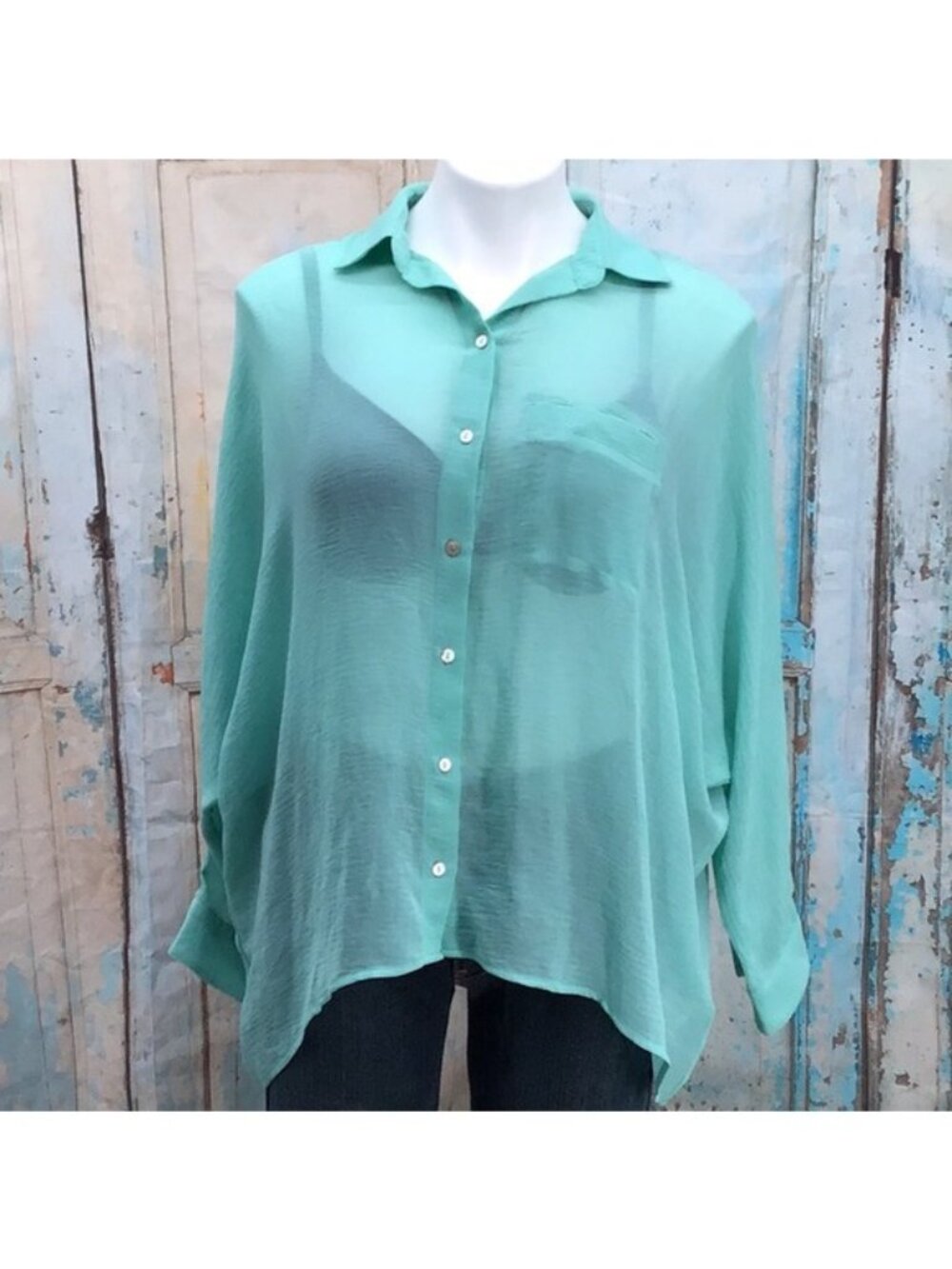 Kut from the Kloth Womans XS Sheer Mint Green Button-Up Shirt XS Blouse Long Sle